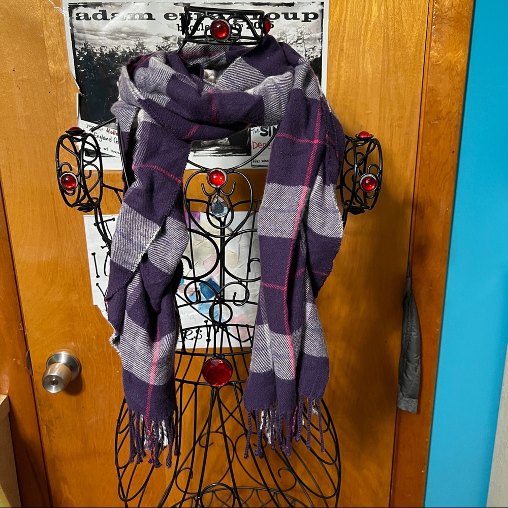LEI life energy intelligence purple pink plaid scarf fringe